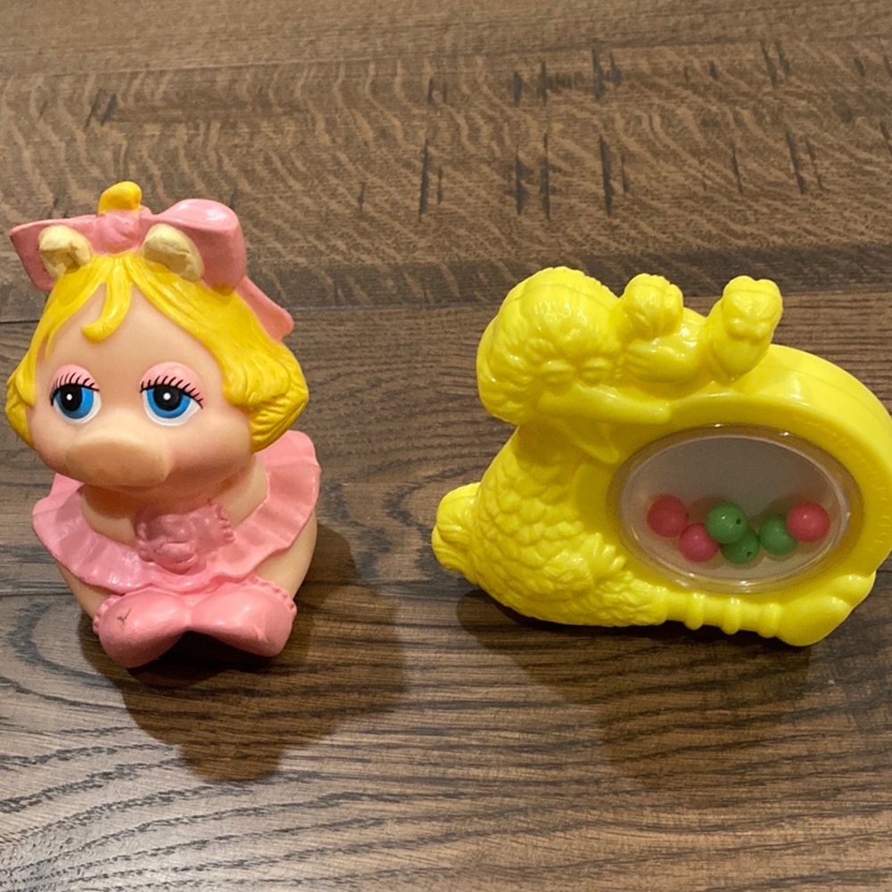 Vintage Miss Piggy Rubber Squeaky Toy and Child Guidance Big Bird Rattle